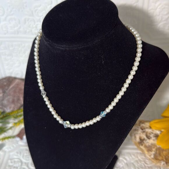 Vintage Art Deco Glass Pearl Choker Necklace With Faceted Clear Crystals 15” - Picture 3 of 15